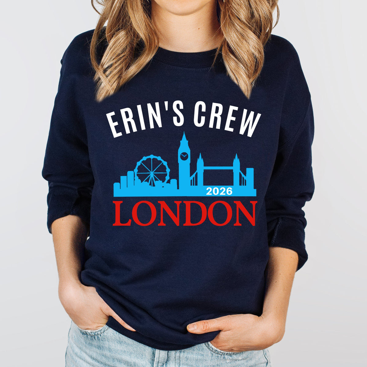 Navy sweatshirt with 'Erin's Crew London 2028' design on a plain background