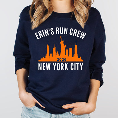 new york marathon support crew sweatshirt with  runners name over new york city skyline