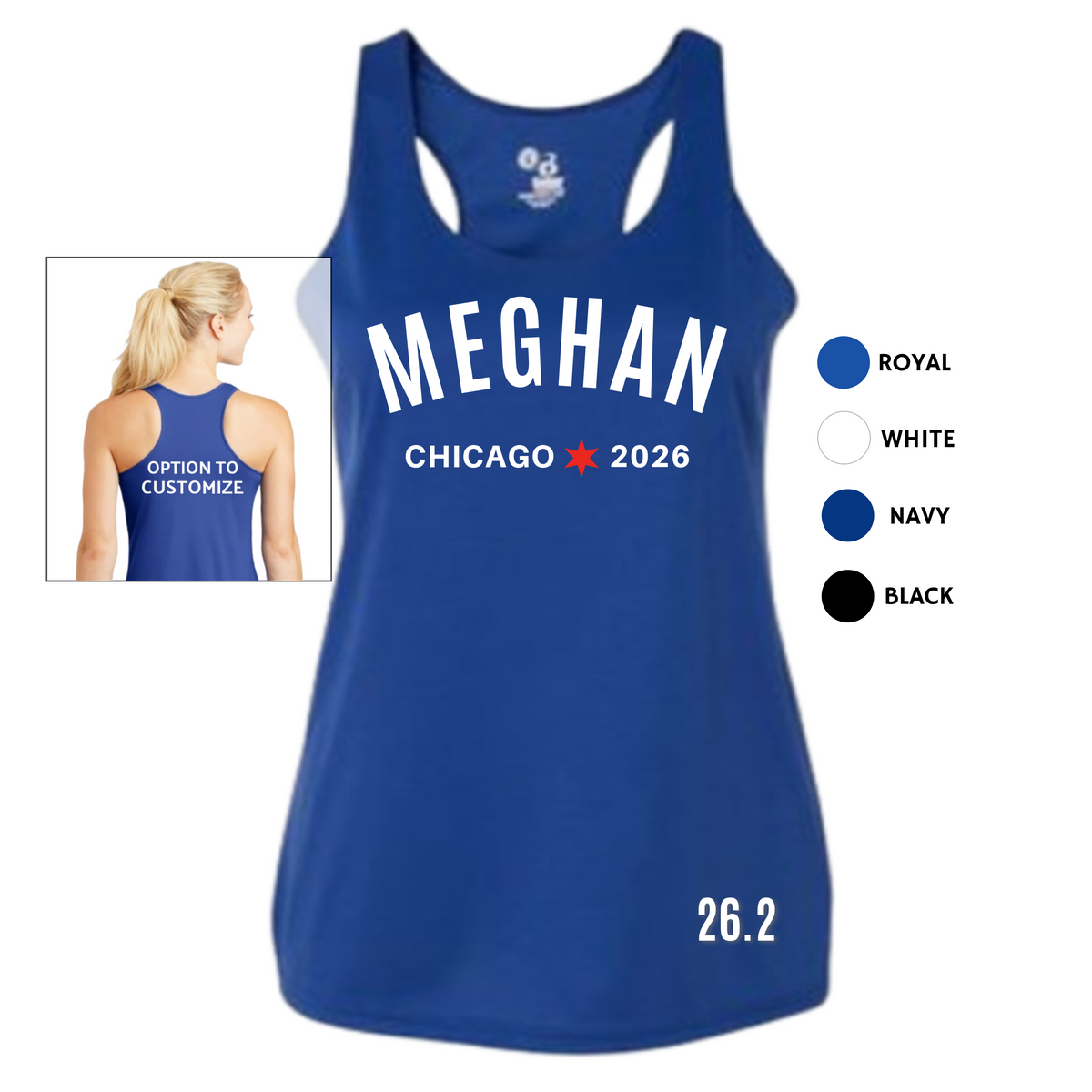 personalized chicago marathon running tank top with custom name, race date and 26.2 mile distance at bottom hem
