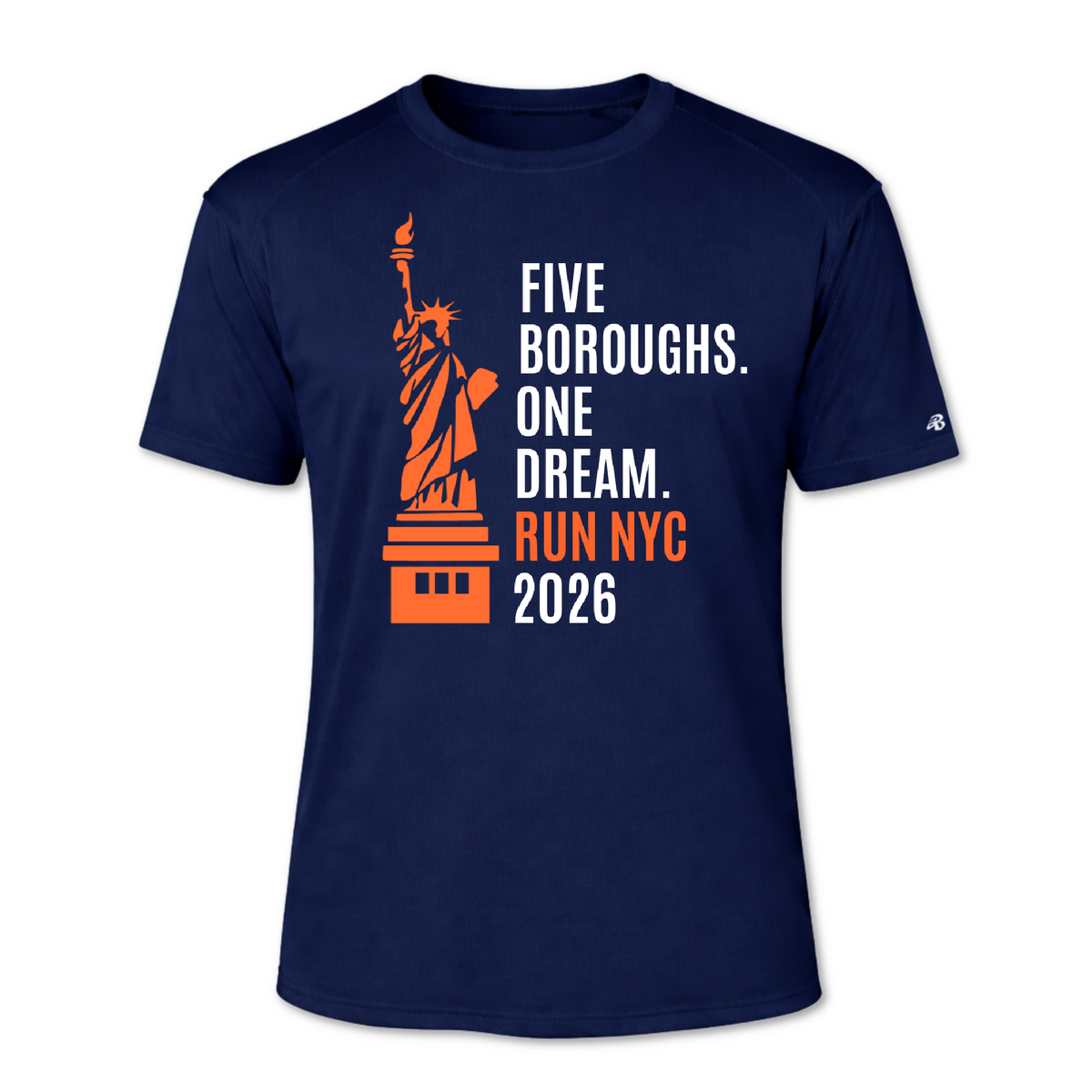 A navy blue short-sleeve running t-shirt with a graphic print on the front. The graphic features an orange silhouette of the Statue of Liberty next to the text 'FIVE BOROUGHS. ONE DREAM. RUN NYC 2026